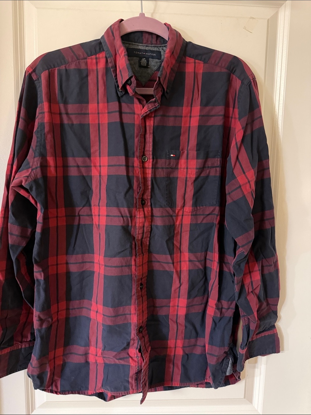 Tommy Hilfiger Red and Navy Plaid Casual Button-Down Shirt